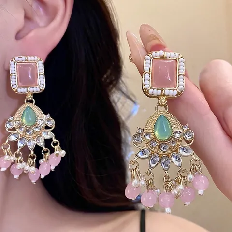 Juego de Joyas de Lujo Vintage para Mujer Geométrico Cuadrado Strass Perla Artificial Verde Menta Rosa Oro Collar Pendientes