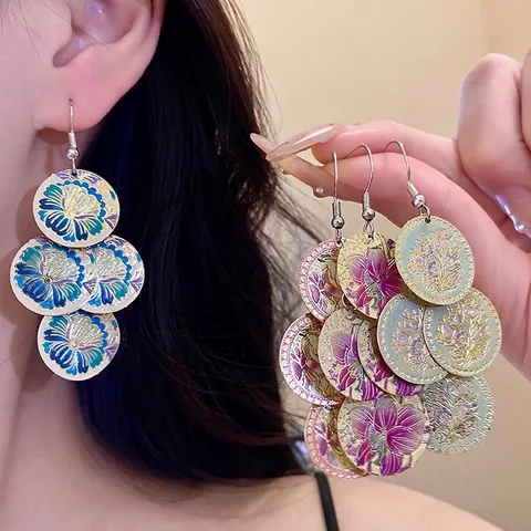 Boucles d'Oreilles Bohème Vintage Goutte d'Huile Imprimé Floral Géométrique Gland pour Femmes Luxe Fer Métal Tige en Acier