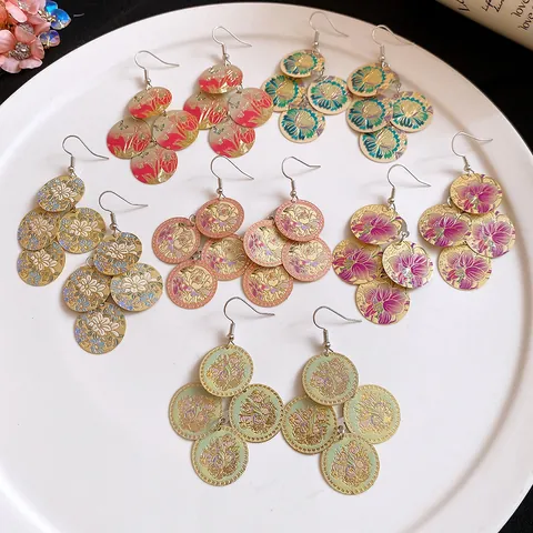 Boucles d'Oreilles Bohème Vintage Goutte d'Huile Imprimé Floral Géométrique Gland pour Femmes Luxe Fer Métal Tige en Acier