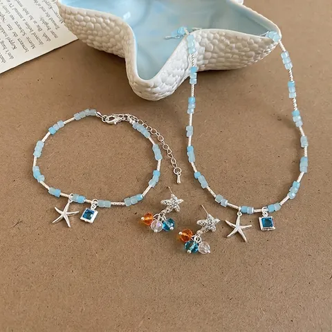 Koreaanse Zomer Zeester Glas Kralen Sieradenset Legering Blauwe Strass Ketting Armband Oorbellen Voor Vrouwen