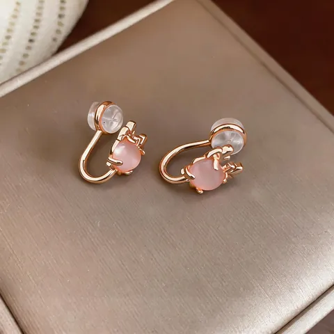 Korean Style Pink Opal Cat Paw Deer Antler Ear Clips Gold Plated Copper Rhinestone Non-Pierced Earrings For Women Jewelry