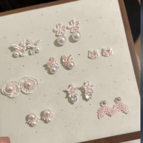 Korean Sweet Pink Enamel Artificial Pearl Stud Earrings For Women Elegant Flower Heart Zirconia Inlaid Alloy Jewelry Accessory