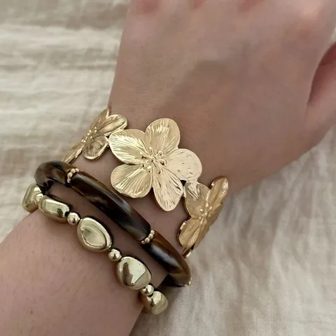 European Retro Flower Geometric Bracelet Set For Women Vintage Alloy Acrylic Gold Plated Bangle Fashion Jewelry Accessory Gift