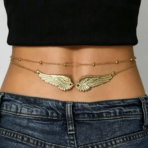 Sexy Double Layer Alloy Angel Wings Heart Body Chain For Women Beach Bikini Waist Chain Jewelry Accessory