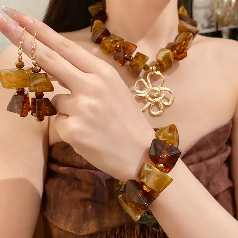 Retro Maillard Acryl Blume Halskette Armband Und Ohrringe Bernstein Braun Goldton High End Modeschmuck Für Damen