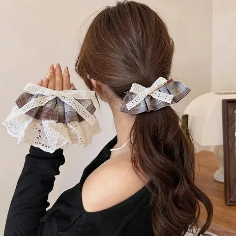 Blue Brown Plaid Bow Hair Clip Lace Scrunchie Korean Preppy Style Hair Accessories Fabric Headband For Women Elegant Hair Claw