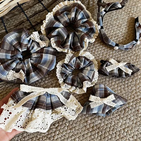Blue Brown Plaid Bow Hair Clip Lace Scrunchie Korean Preppy Style Hair Accessories Fabric Headband For Women Elegant Hair Claw