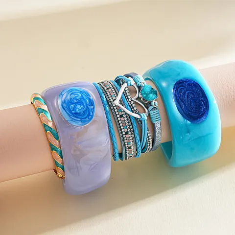 Juego de Pulseras de Corazón de Cuero de Varias Capas Bohemio Brazalete Geométrico de Resina Joyería Magnética de Strass y Esmalte para Mujer