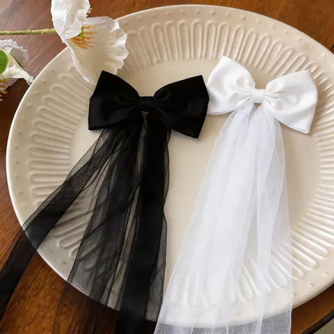 Elegant Fabric Bowknot Mesh Tassel Hair Clip Sweet Satin Bow Veil Duckbill Clip Niche High-End Hair Accessory For Women
