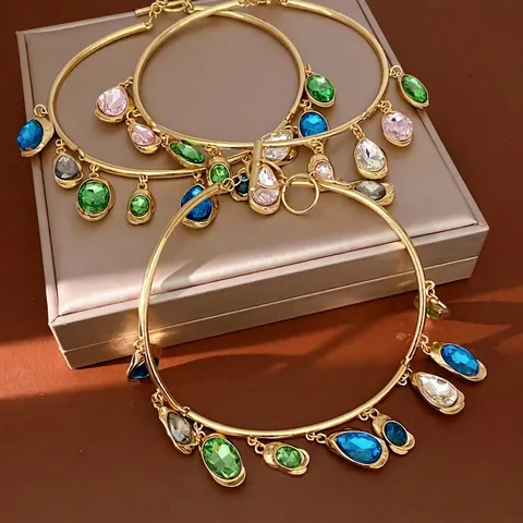 Collier Choker Exagéré en Alliage avec Strass Ovale Goutte d'Eau pour Femmes Bijoux Multicolores Couleur Or avec Boucle OT