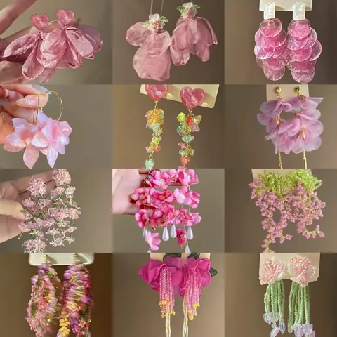 Orecchini a Goccia in Tessuto a Fiori Fatti a Mano Con Perno in Argento Rosa Strass Nappina Orecchini per Donna Gioielli Vacanza