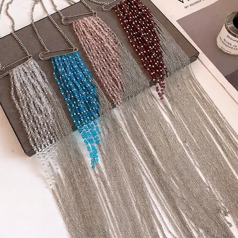 Luxury Fashion Long Tassel Necklace Iron Chain Glass Bead Safety Pin Pendant Statement Jewelry For Women Banquet