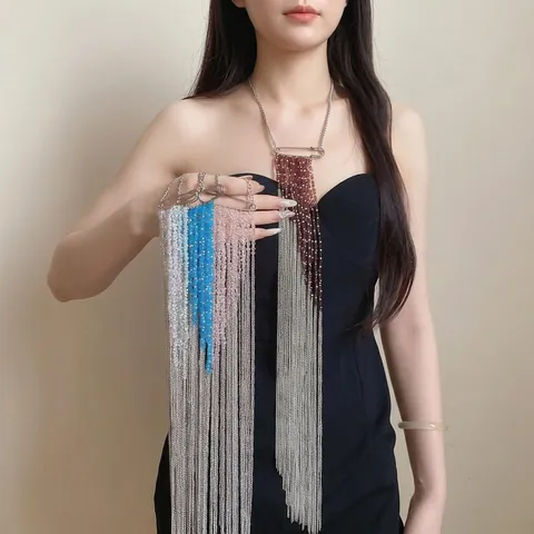 Luxury Fashion Long Tassel Necklace Iron Chain Glass Bead Safety Pin Pendant Statement Jewelry For Women Banquet