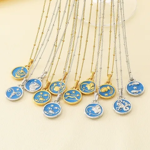 Personalized Stainless Steel Twelve Zodiac Signs Round Blue Enamel Medallion Pendant Necklace Gold Silver Constellation Jewelry Gift
