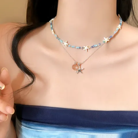 Collier en Cristal de Perles de Coquillage d'Étoile de Mer d'Été pour Femmes Bijoux de Chaîne de Clavicule Perlée Bleue Blanche Style Marin Vintage