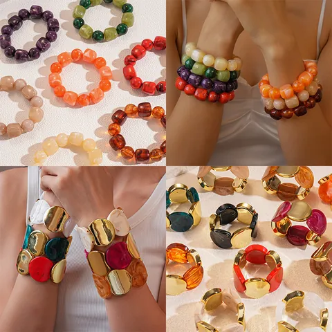 Vintage Acrylic Spliced Elastic Bracelet For Women Alloy Geometric Circular Beaded Stretch Bangle Fashion Party Jewelry Gift