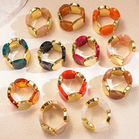Vintage Acrylic Spliced Elastic Bracelet For Women Alloy Geometric Circular Beaded Stretch Bangle Fashion Party Jewelry Gift