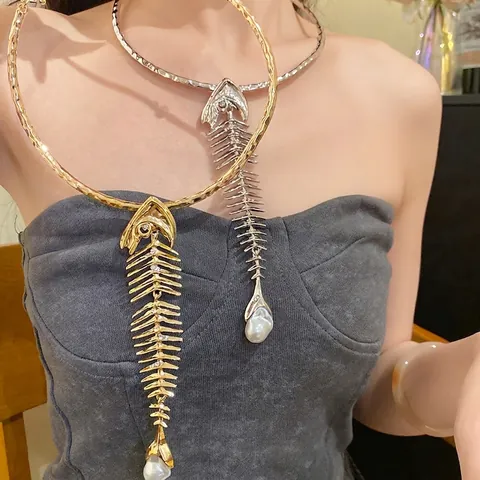 Vintage Heavy Metal Fishbone Artificial Pearl Pendant Necklace Earrings Alloy Rhinestone Choker For Women Fashion Jewelry