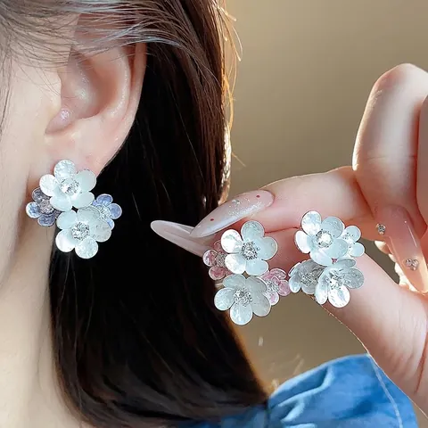 Elegant Copper Floral Stud Earrings With 925 Sterling Silver Earring Post Zirconia Inlaid Sweet Drip Oil Flower Ear Jewelry