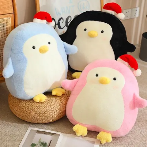 Christmas Penguin Plush Toy Soft Stuffed Animal Doll With Red Santa Hat Cute Ocean Penguin Throw Pillow For Kids Holiday Gift