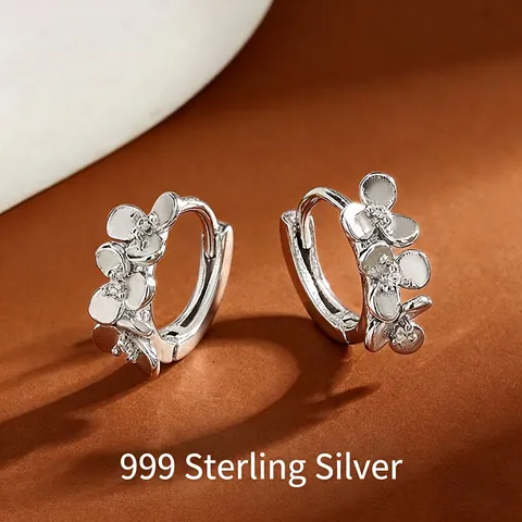 Σκουλαρίκια Λουλούδι από Ασήμι Sterling S999 Με Ζιρκόνια Για Γυναίκες Κομψά Σκουλαρίκια Κρίκοι Με Πέταλα Μινιμαλιστικά Κοσμήματα