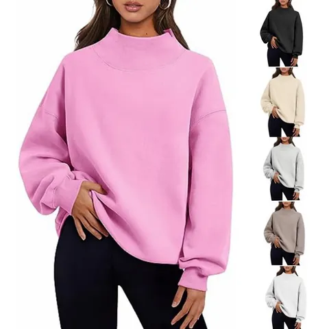 Damen Stehkragen Oversized Sweatshirt Dickes Fleece Langarm Überschnittene Schultern Lose Lässige Pullover Top Einfarbig