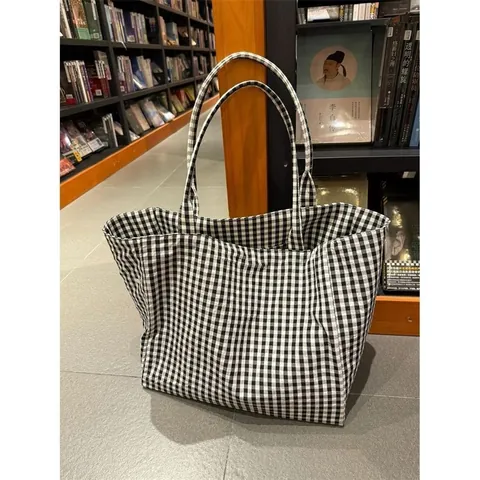 Minimalist Black And White Plaid Tote Bag For Women Large Capacity Canvas Shoulder Bag Relaxed Style Commuting Handbag