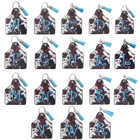 Retro Western Cow Print Artificial Leather Ear Tag Keychain Blue Initial Alphabet Tassel Cowgirl Style Bag Charm Key Ring