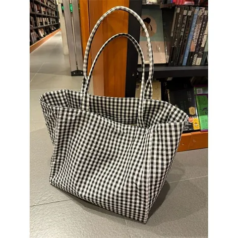 Minimalist Black And White Plaid Tote Bag For Women Large Capacity Canvas Shoulder Bag Relaxed Style Commuting Handbag