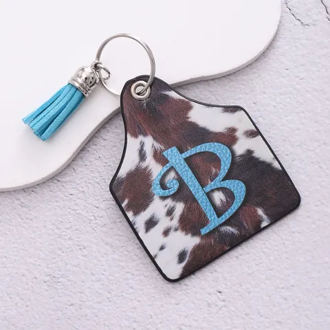 Retro Western Cow Print Artificial Leather Ear Tag Keychain Blue Initial Alphabet Tassel Cowgirl Style Bag Charm Key Ring