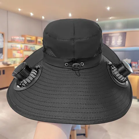 Cappello a Secchiello con Ventola a Energia Solare Cappello a Tesa Larga Protezione Solare con Scialle da Collo UPF 50 Plus Escursionismo Pesca per Uomo Nylon Traspirante