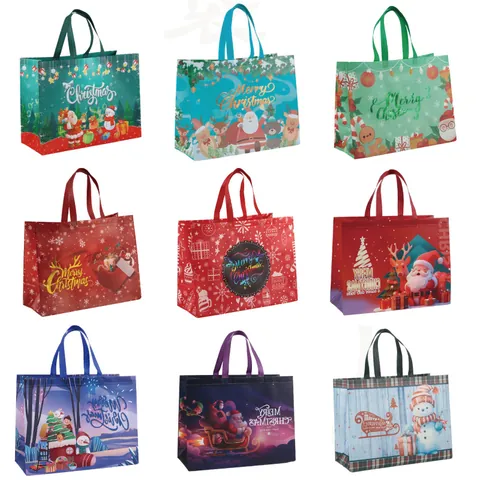 Large Christmas Laminated Non-Woven Tote Bag Festive Gift Bags With Handles Santa Claus Reindeer Snowman Patterns For Holiday Party Shopping