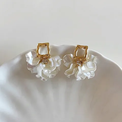 Pendientes de Pétalo de Estilo Francés Con Poste de Plata de Ley 925 Cobre Bañado en Oro Strass Perla Artificial Joyería Elegante para Mujer