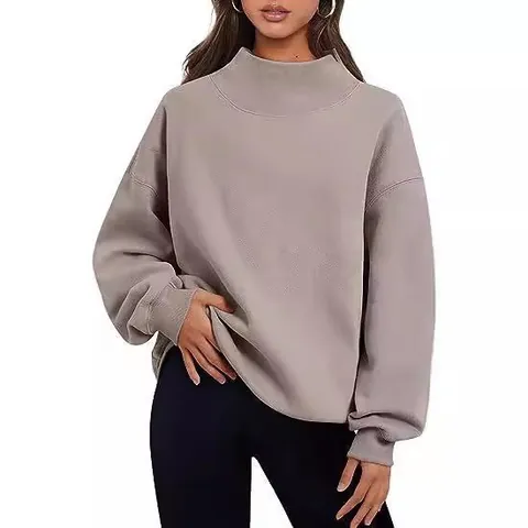 Dames Mode Casual Losse Pasvorm Mock Neck Fleece Hoodie Effen Kleur Lange Mouw Gebreide Polyester Sweatshirt Herfst Winter Dikke Top