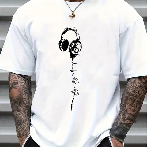 Herren Musik Print Kurzarm T-Shirt Baumwolle Rundhals Europäische Größe Grafik Tee Music Is Life Kopfhörer Lässig Streetwear Top