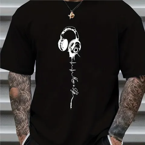 Herren Musik Print Kurzarm T-Shirt Baumwolle Rundhals Europäische Größe Grafik Tee Music Is Life Kopfhörer Lässig Streetwear Top
