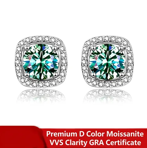 925 Sterling Silver D Color Moissanite Stud Earrings For Women Square Halo 4-Claw Inlaid Elegant Jewelry With GRA Certificate