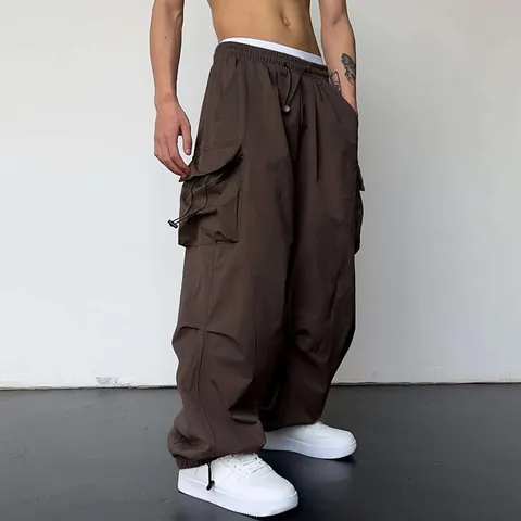 Herren Schnelltrocknende Vinylon Fallschirm Cargohose Mehrere Taschen Weites Bein Kordelzug Streetwear Casual Sport Freizeithose