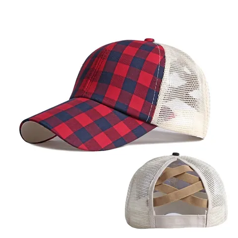 Women Ponytail Baseball Cap Plaid Mesh Breathable Sun Hat For Outdoor Travel Adjustable Summer Sheep Velvet Duckbill Hat