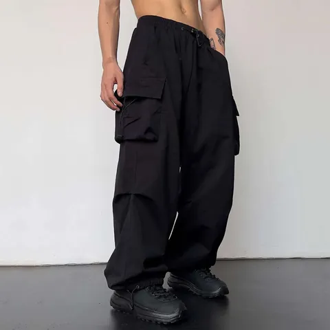 Herren Schnelltrocknende Vinylon Fallschirm Cargohose Mehrere Taschen Weites Bein Kordelzug Streetwear Casual Sport Freizeithose
