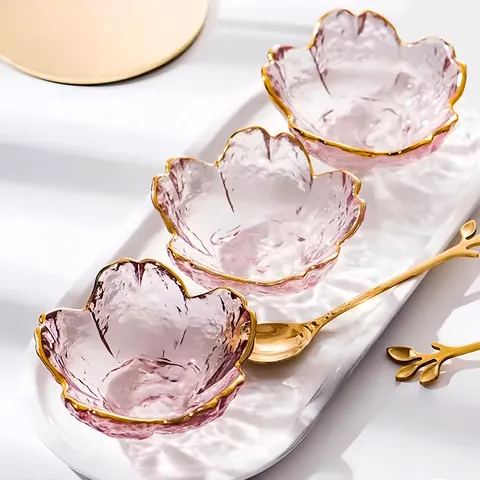 Piatto per Salse in Vetro Temprato a Forma di Sakura in Stile Giapponese Rosa Texture Martellata Piatto per Condimenti Con Bordo Dorato