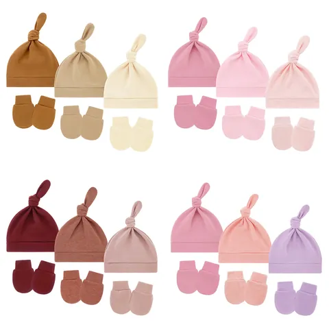 Set di Berretto Annodato per Neonati in Cotone e Guanti Antigraffio Copricapo in Maglia Traspirante per Accessori Neonato