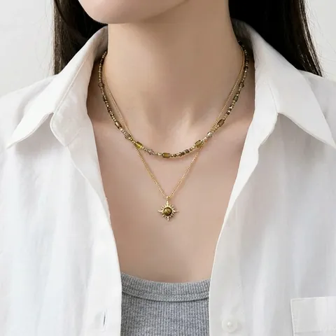 Maillard Stijl Vergulde Tijgeroog Zonnebloem Hanger Halsketting Vintage Dubbellaags Strass Sleutelbeen Ketting Vrouwen Sieraden