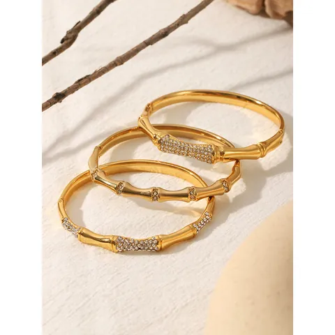 Bracciale in Acciaio Inossidabile di Lusso a Forma di Bambù con Strass per Donna Gioiello di Moda Placcato Oro
