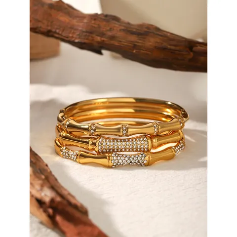 Bracciale in Acciaio Inossidabile di Lusso a Forma di Bambù con Strass per Donna Gioiello di Moda Placcato Oro
