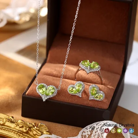Luxury S925 Sterling Silver Heart Natural Crystal Jewelry Set For Women Amethyst Peridot Topaz Necklace Earrings Open Ring