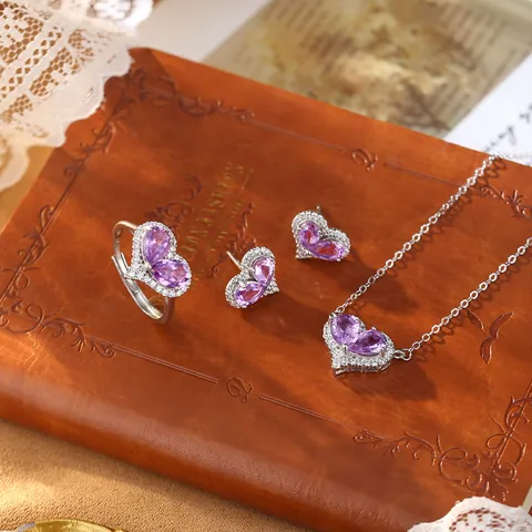 Luxury S925 Sterling Silver Heart Natural Crystal Jewelry Set For Women Amethyst Peridot Topaz Necklace Earrings Open Ring