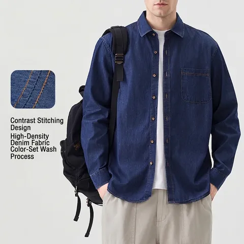 Camisa de Mezclilla de Algodón Ajustada para Hombre Manga Larga Estilo Japonés Retro Bordado Costuras en Contraste Bolsillo Top