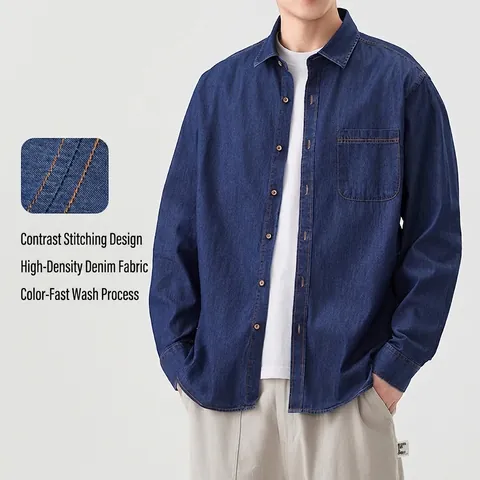Camisa de Mezclilla de Algodón Ajustada para Hombre Manga Larga Estilo Japonés Retro Bordado Costuras en Contraste Bolsillo Top