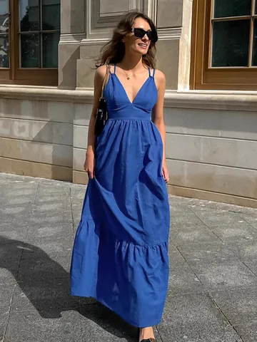 Abito Donna Sexy Blu Scollo a V Spalline Sottili Estate Casual Ampio Cotone A-Line Maxi Vestito Splicing Senza Maniche